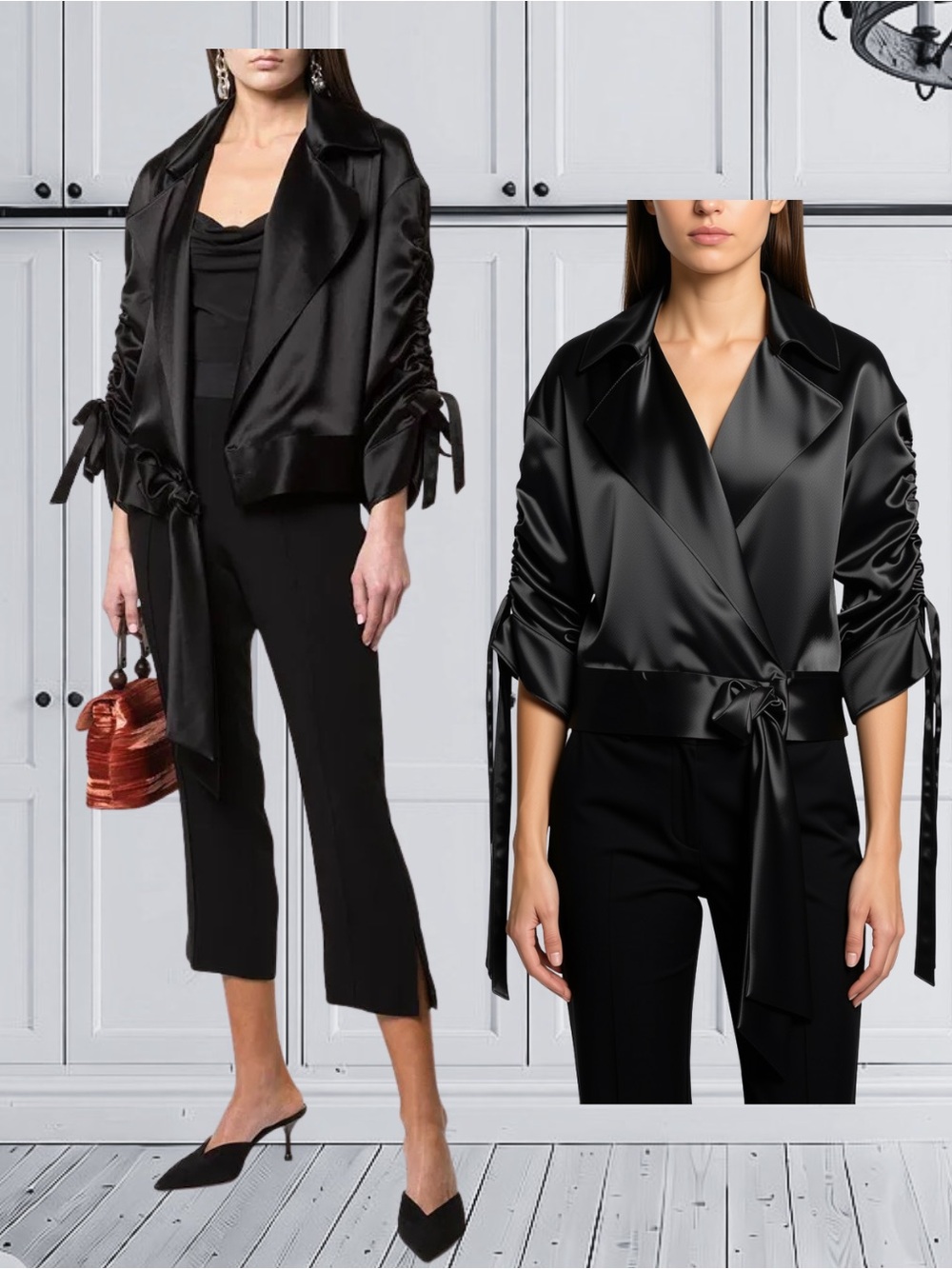 Cinq à Sept Aziza Satin Crop Wrap Jacket Black Medium